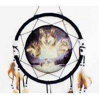 Dream catcher featuring a round canvas depicting three wolves surrounding a moon filled sky, more wolves on the ground: Closeup View - Click to enlarge