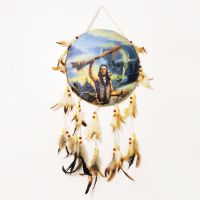 Drum style dream catcher showing an Indian raising his ceremonial stick to the sky. Buffalo head in the clouds: Front View - Click to enlarge