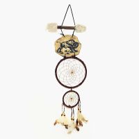 Dream Catcher with image of a buffalo imprinted on a rock hanging from a stick and webbed hoops. Feathers and beads: Front View - Click to enlarge