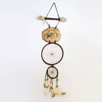 Dream Catcher with image of an eagle head imprinted on a rock hanging from a stick and webbed hoops. Feathers and beads: Front View - Click to enlarge