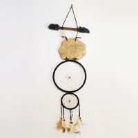 Dream Catcher with image of a horse head imprinted on a rock hanging from a stick and two webbed hoops. Feathers and beads: Back View - Click to enlarge