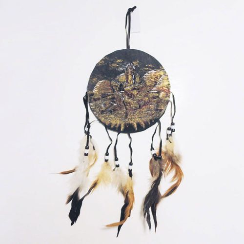 Dream Catcher a sitting Indian warrior holding a rifle, becoming one with nature. Dreamcatcher Wall Hanging: Front View