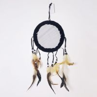 Dream Catcher a sitting Indian warrior holding a rifle, becoming one with nature. Dreamcatcher Wall Hanging: Back View - Click to enlarge
