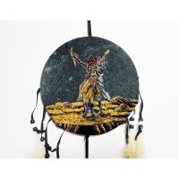 Dream Catcher a dancing Indian in full headdress holding a ceremonial stick, arms raised. Dreamcatcher Wall Hanging: Closeup View - Click to enlarge