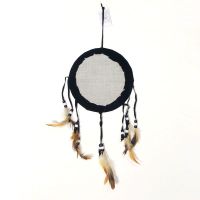 Dream Catcher wolf head on a fabric print with feathers and beads hanging from strips. Dreamcatcher Wall Hanging: Back View - Click to enlarge