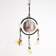 Dream Catcher with round canvas print of a deer buck with large antlers on the alert in the woods. Dreamcatcher Wall Hanging: Front View