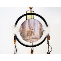 Dream Catcher with round canvas print of a deer buck with large antlers on the alert in the woods. Dreamcatcher Wall Hanging: Closeup View - Click to enlarge