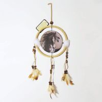 Dream Catcher with round canvas print of a wild spotted horse with feathers in his mane - Dreamcatcher Wall Hanging: Front View - Click to enlarge