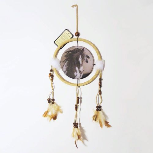 Dream Catcher with round canvas print of a wild spotted horse with feathers in his mane - Dreamcatcher Wall Hanging: Front View