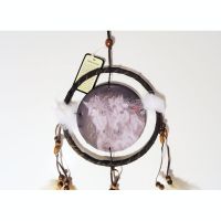 Dream Catcher with round canvas print of a two wild horses, one with red feather in his mane - Dreamcatcher Wall Hanging: Closeup View - Click to enlarge