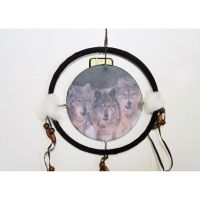 Dream Catcher with round canvas print of a pack of timber wolves on the prowl. Dreamcatcher Wall Hanging: Closeup View - Click to enlarge
