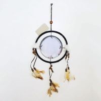 Dream Catcher with round canvas print of a pack of timber wolves on the prowl. Dreamcatcher Wall Hanging: Back View - Click to enlarge