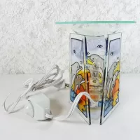 Dolphins jumping out of water three sided stained glass style electric oil tart warmer with dimmer dial in box: Back - Click to enlarge