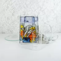 Dolphins jumping out of water three sided stained glass style electric oil tart warmer with dimmer dial in box: Parts - Click to enlarge
