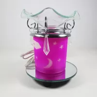 Electric oil warmer featuring a pink night sky of white stars, moon and clouds mounted on a round mirror base: Front - Click to enlarge