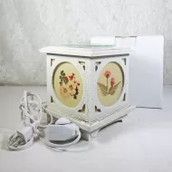 Antique wood style square electric oil warmer with side screens showing a different floral design. No 02: With Box View