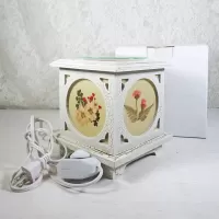 Antique wood style square electric oil warmer with side screens showing a different floral design. No 02: With Box View - Click to enlarge