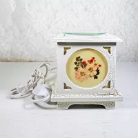 Antique wood style square electric oil warmer with side screens showing a different floral design. No 02: Front View - Click to enlarge