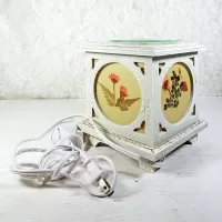 Antique wood style square electric oil warmer with side screens showing a different floral design. No 02: Two Sides-lb View - Click to enlarge