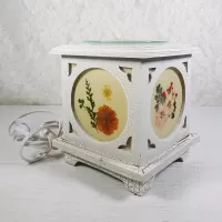 Antique wood style square electric oil warmer with side screens showing a different floral design. No 02: Two Sides-rf View - Click to enlarge