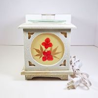 Antique wood style square electric oil warmer with side screens showing a different floral design. No 7: With Box View - Click to enlarge