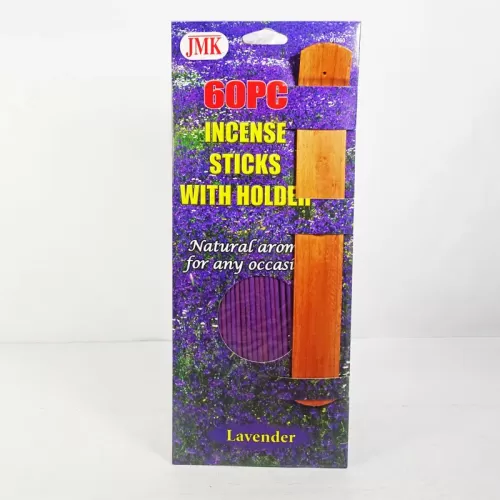 Lavender scented incense sticks with holder. 60 piece set with 10-5/8 inch long incense sticks: Front