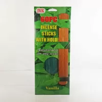 Vanilla scented incense sticks with holder. 60 piece set with 10-5/8 inch long incense sticks: Front - Click to enlarge