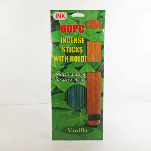 Vanilla scented incense sticks with holder. 60 piece set with 10-5/8 inch long incense sticks: Front
