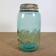 Quart size aqua glass vintage Ball mason jar with Atlas zinc lid and a soft shoulder 3L design: Front View