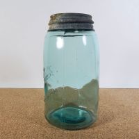 Quart size aqua glass vintage Ball mason jar with Atlas zinc lid and a soft shoulder 3L design: Left Side View - Click to enlarge