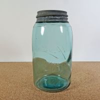 Quart size aqua glass vintage Ball mason jar with Atlas zinc lid and a soft shoulder 3L design: Back View - Click to enlarge