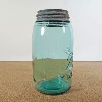 Quart size aqua glass vintage Ball mason jar with Atlas zinc lid and a soft shoulder 3L design: Right Side View - Click to enlarge