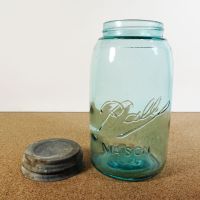 Quart size aqua glass vintage Ball mason jar with Atlas zinc lid and a soft shoulder 3L design: Top Off View - Click to enlarge