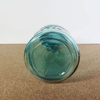 Quart size aqua glass vintage Ball mason jar with Atlas zinc lid and a soft shoulder 3L design: Bottom View - Click to enlarge