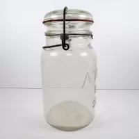 Antique Hazel Atlas E-Z Seal clear glass quart mason jar with lid, original rubber seal and metal wire bail, lightning seal, closure: Right - Click to enlarge