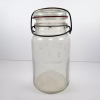 Antique Hazel Atlas E-Z Seal clear glass quart mason jar with lid, original rubber seal and metal wire bail, lightning seal, closure: Back - Click to enlarge