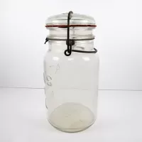 Antique Hazel Atlas E-Z Seal clear glass quart mason jar with lid, original rubber seal and metal wire bail, lightning seal, closure: Left - Click to enlarge