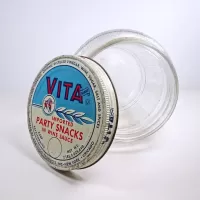 Vita Imported Party Snacks vintage Ball wide mouth textured embossed barrel design glass jar with metal lid: Inside - Click to enlarge