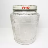Vita Imported Party Snacks vintage Ball wide mouth textured embossed barrel design glass jar with metal lid: Front - Click to enlarge