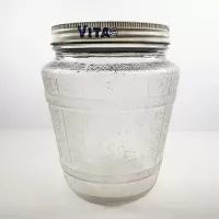 Vita Imported Party Snacks vintage Ball wide mouth textured embossed barrel design glass jar with metal lid: Back - Click to enlarge