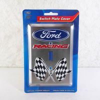 Ford Racing single light switch plate cover with iconic Ford logo and crossed checkered flags. Silver background: Front View - Click to enlarge