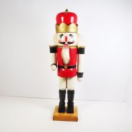 Vintage Wood Nutcracker with Faux Hair Red Tunic Crown