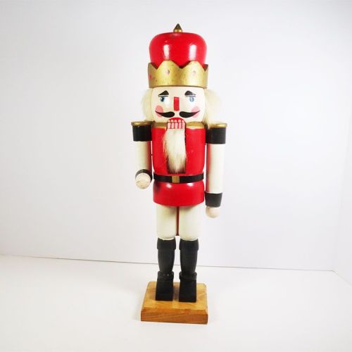 Vintage Wood Nutcracker with Faux Hair Red Tunic Crown