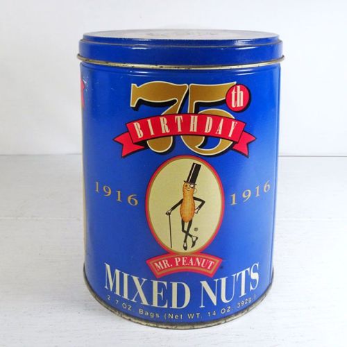 Vintage 1991 Planters Mr. Peanut 75th Birthday Metal Canister Front