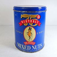 Vintage 1991 Planters Mr. Peanut 75th Birthday Metal Canister Back - Click to enlarge