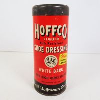 Vintage Hoffco White Bark Liquid Shoe Dressing Empty Cardboard Canister with Metal Ends: Front View - Click to enlarge