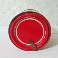 Union Leader vintage 14 oz. empty round tobacco tin with key. Black, white and gold graphics on red background: Top - Click to enlarge