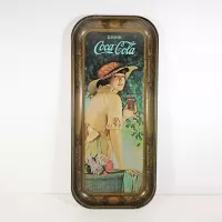 World War One girl vintage Coca Cola Coke long rectangle metal serving tray with nice graphics: Front View - Click to enlarge