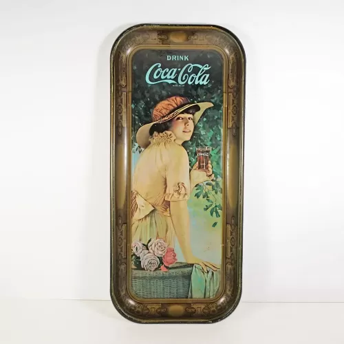 World War One girl vintage Coca Cola Coke long rectangle metal serving tray with nice graphics: Front View