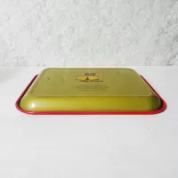 Vintage 1987 Coca Cola metal tray wall hanging shows a blacksmith and boy drinking coke from a bottle: Bottom View - Click to enlarge